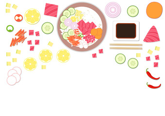 Flat lay healthy food illustration.Tuna poke bowl and set of ingredients vegetable and fruit. Soy, chopsticks and whole and round slices pepper, radish, carrot, onion, cucumber, lemon,avocado,Yam