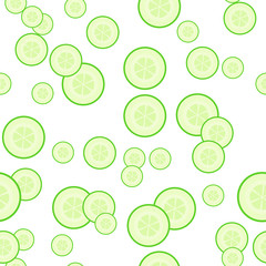 Cucumber seamless pattern with fresh pieces of green vegetable on white. Healthy organic vegan background. Endless texture with circle slices.  Vegetable backdrop. Flat meal illustration