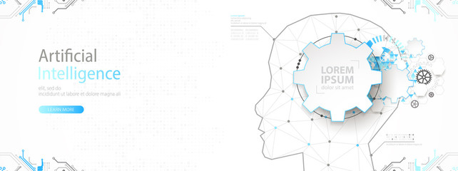 Artificial intelligence (AI) and big data concept. Machine cyber mind.  Humen face with binary data flow. Technology vector background.