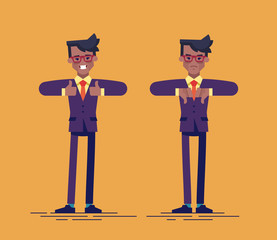 Handsome african american businessman is showing thumb up and thumb down. Flat vector illustration.