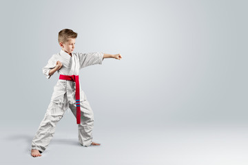 Creative background, baby in white kimono on a light background. The concept of martial arts, karate, sports since childhood, discipline.