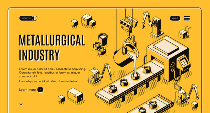 Metallurgical industry technologies isometric vector web banner, landing page. Pouring molten metal from ladle in molds on automated and robotized foundry manufacturing conveyor line art illustration