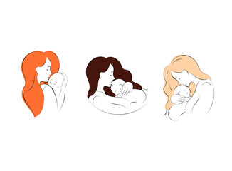set mother and baby stylized vector symbol, mom hugs her child logo template