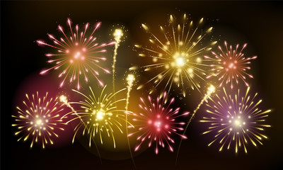 Fototapeta premium Bright colorful fireworks sparkles composition shining on night sky, red, pink and gold bursting, holiday celebrating, vector illustration