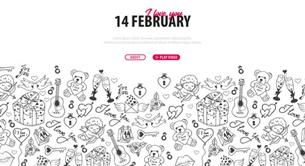 Fototapeta premium Valentines Day banner with doodle background. 14 February. Vector Illustration.