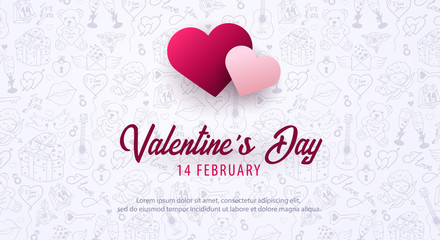 Valentines Day banner with doodle background. 14 February. Vector Illustration.