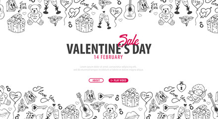 Valentines Day banner with doodle background. 14 February. Vector Illustration.
