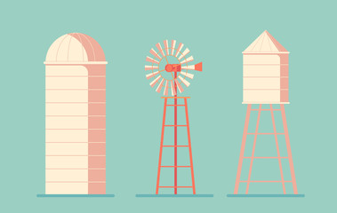 Agriculture. Farm building. Drinking water tower. Windmill waterpump and silo srorage barn for corn and harvest. © Ilya_kovshik