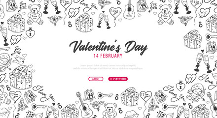 Valentines Day banner with doodle background. 14 February. Vector Illustration.