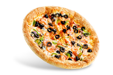 Pizza with shrimp, olives, green pepper and onion isolated