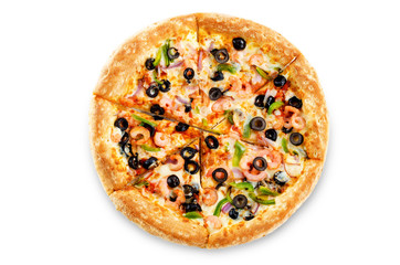 Pizza with shrimp, olives, green pepper and onion isolated