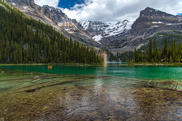 Lake Ohara hiking trail in cloudy day in Spring, Yoho, Canada