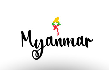 Myanmar country big text with flag inside map concept logo