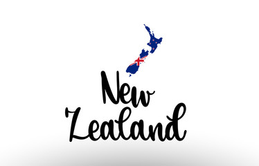 New Zealand country big text with flag inside map concept logo
