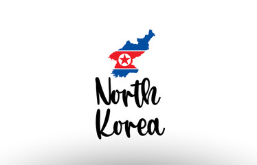 North Korea country big text with flag inside map concept logo