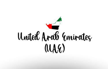 The United Arab Emirates UAE country big text with flag inside map concept logo