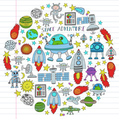 Vector set of space elements icons in doodle style. Painted, colorful, pictures on a piece of linear paper on white background.