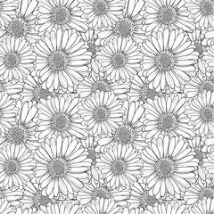 Vector Antistress Coloring Flowers, Seamless Pattern, Black and White.