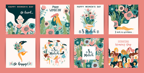 Fototapeta na wymiar International Women s Day. Vector templates with cute women.