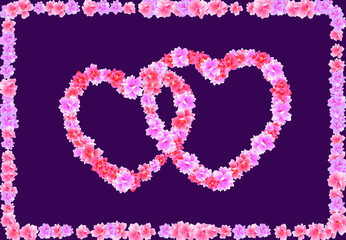 Valentine s Day. Two Heart of pink flowers Sakura, Cherry Blossom on a dark background in a frame of flowers. illustration