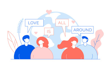 Valentines day romantic people couple of man and woman lovers in blue and trendy lining coral colours flat line style design concept with big modern characters. Love gift card illustration