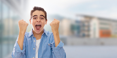 student screaming euphoric success