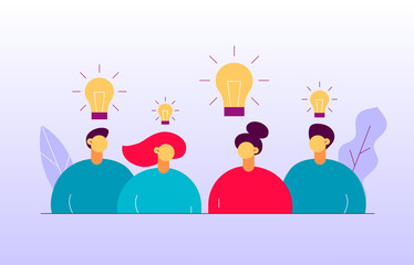 Vector flat style business teamwork and idea  design concept with big modern people, light bulbs, leaves. Trendy brainstorming  illustration with men and women