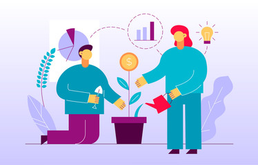 Fototapeta premium Vector flat style business and finance design concept with big modern people looking after money plant. Trendy investment and stock illustration with graphs, diagrams, light bulb and leaves.