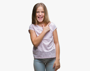 Fototapeta premium Young beautiful girl over isolated background cheerful with a smile of face pointing with hand and finger up to the side with happy and natural expression on face looking at the camera.