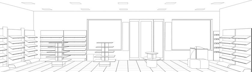 shop, mall, shopping mall, contour visualization, 3D illustration, sketch, outline