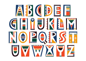 Vector uppercase color alphabet in cutout folk style with filling negative space