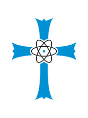 wissenschaft forschung atom symbol kirche symbol kreuz jesus christus christ katholisch evangelisch glauben religion gott beten heilig engel sohn gottes symbol bibel logo design