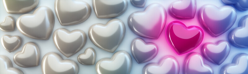 Różowe świecące serce wśród perłowych serc - obrazy, fototapety, plakaty