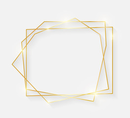 Gold shiny glowing vintage frame with shadows isolated on white background. Decorative golden luxury line border for invitation, card, sale, photo etc. Vector illustration