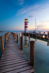 Lighthouse at Lake Neusiedl at sunset near Podersdorf, Burgenland, Austria
