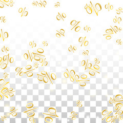 Luxury Vector Gold Percentage Sign Confetti on Transparent. Percent Sale Background. Business, Economics Print. Discount Illustration. Promotion Poster. Black Friday Banner. Special offer Template.