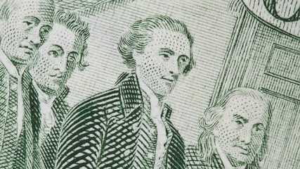 Signing declaration of independence on United States 2 dollar bill rotating, two USD. Full HD stock video footage