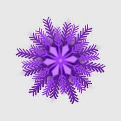 Violet Christmas origami snowflake design. Paper cuted snowflake with shadow isolated. Vector illustration