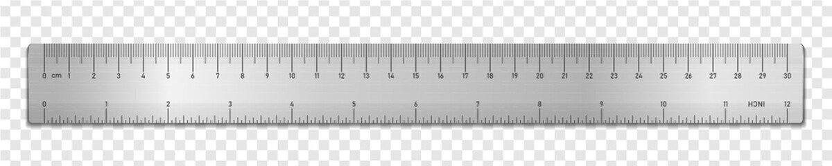 Realistic metal tape ruler isolated on transparent background. Double sided measurement in cm and inches. Vector illustration