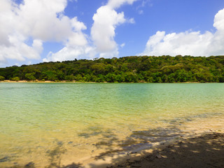 Fototapeta na wymiar A view of Lagoa da Mata, beautiful lagoon surrounded by preserved Atlantic Forest on Itamaraca island, Brazil
