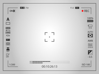 White modern digital camera focusing screen template with vignetting effect. Viewfinder mirrorless, DSLR or cameraphone camera recording. Vector illustration