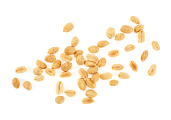 Roasted salted peanuts isolated on a white background, top view.