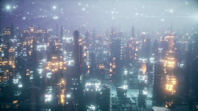 Futuristic city at night in the fog, the city of the future is covered with a grid of connections, the concept of information transfer