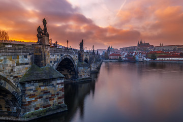 Fototapeta na wymiar Prague, Sunset over Charles bridge, Czech Republic