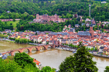 Fototapeta na wymiar Panoramic view of beautiful medieval town Heidelberg including Carl Theodor Old Bridge, Neckar river, Church of the Holy Spirit, Germany