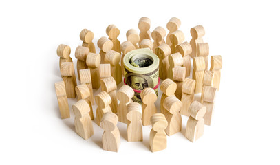 A crowd of people surround the dollar banknotes. The concept of attracting labor, labor migration....