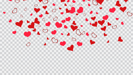 Design element for wallpaper, textiles, packaging, printing, holiday invitation for birthday. Light background. Red on Transparent fond Vector. Red hearts of confetti are flying.