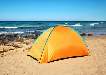 View sea, camping tent on summer beach