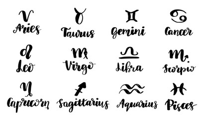 12 Zodiac Signs. Symbol and Logo Lettering. Black Calligraphy on White Background. Vector Hand Drawn Design For Horoscope and Calendar