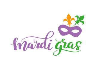 Mardi Gras Lettering Phrase. Vector Holiday Banner with Royal Lily Element and florishes designs.